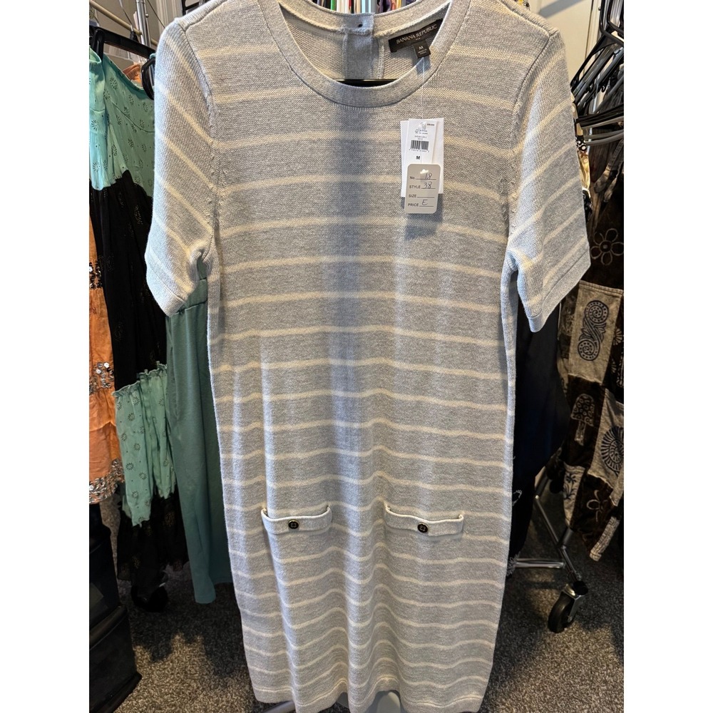 008 Banana Republic Striped Knit T-Shirt‎ Dress Gray & White Short Sleeve Size M